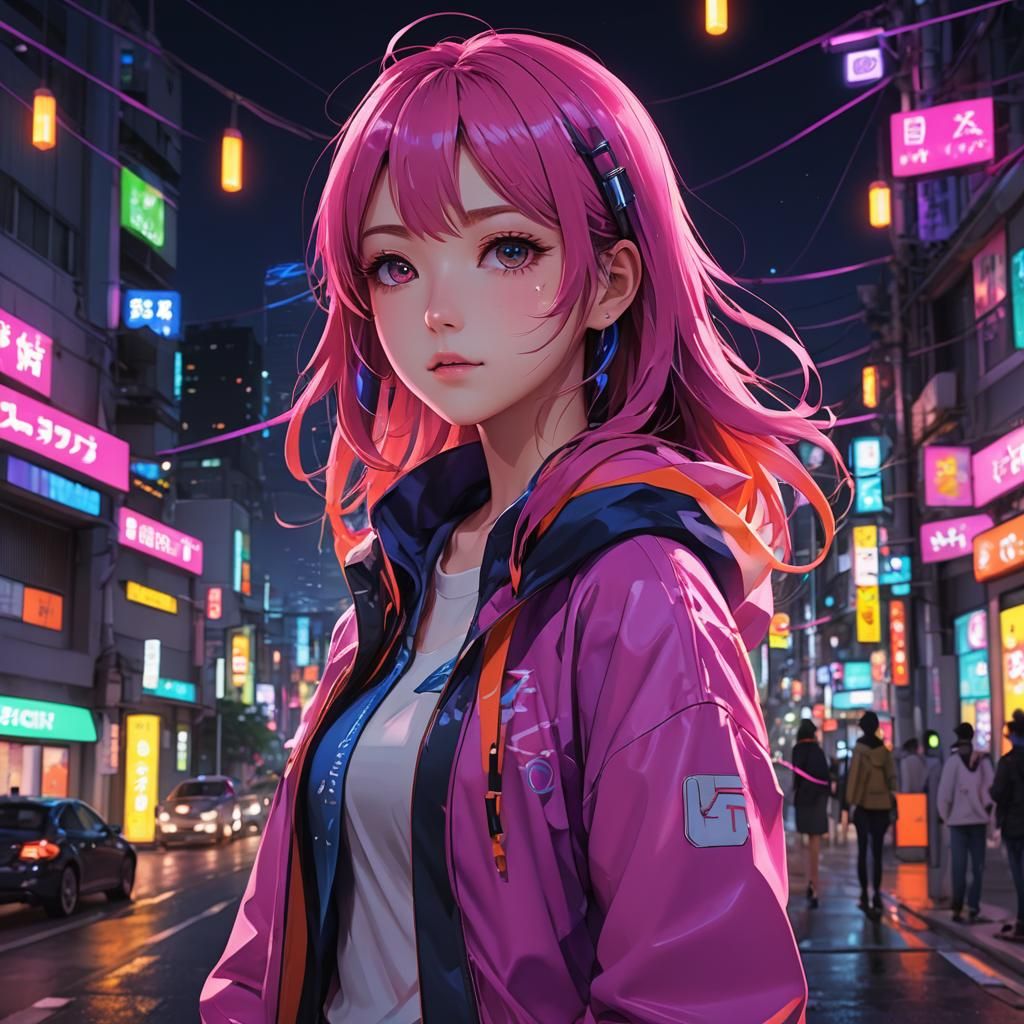 Anime Girl in Neon Night View: 3D Digital Art