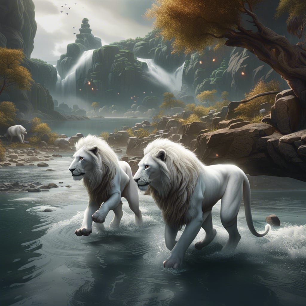 White Lions by a River in Detailed Matte Painting