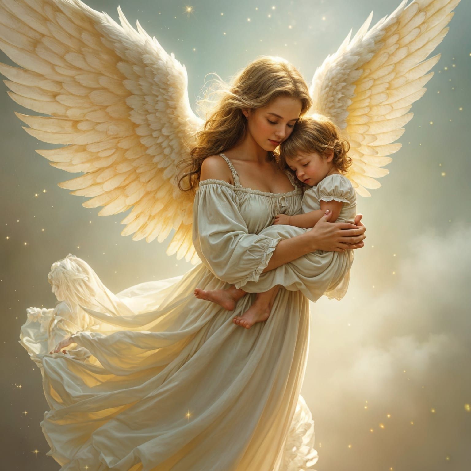 Angel Carries Child to Heaven: Ethereal Fantasy Art