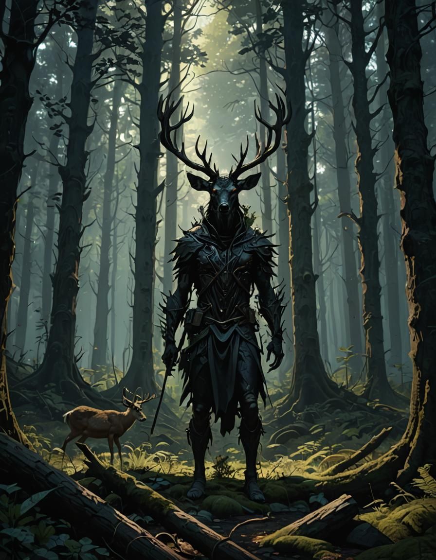 Dark Forest Figure with Wounded Deer