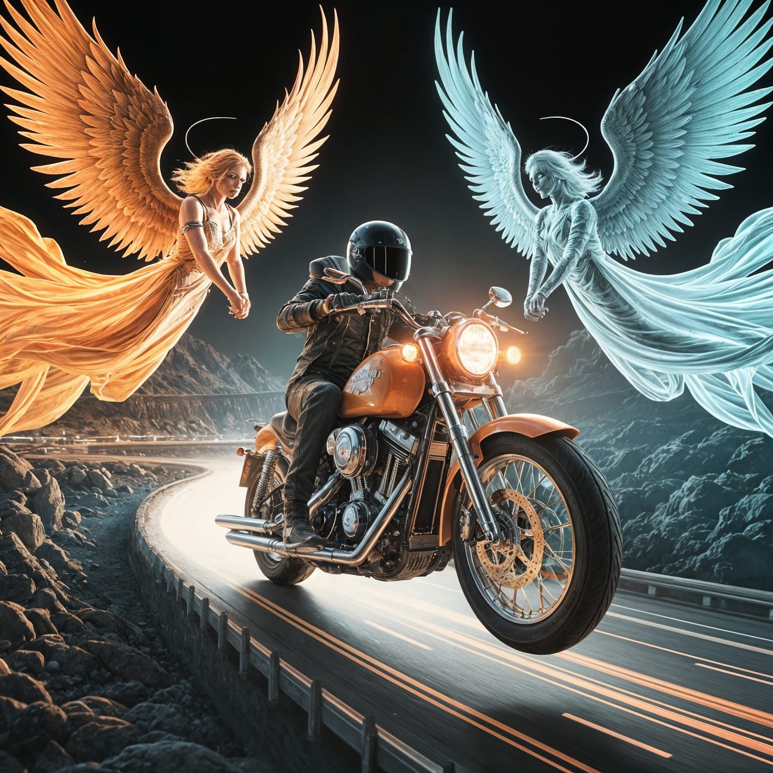 Angelic Biker Soars Above a Twinkling Highway at Night
