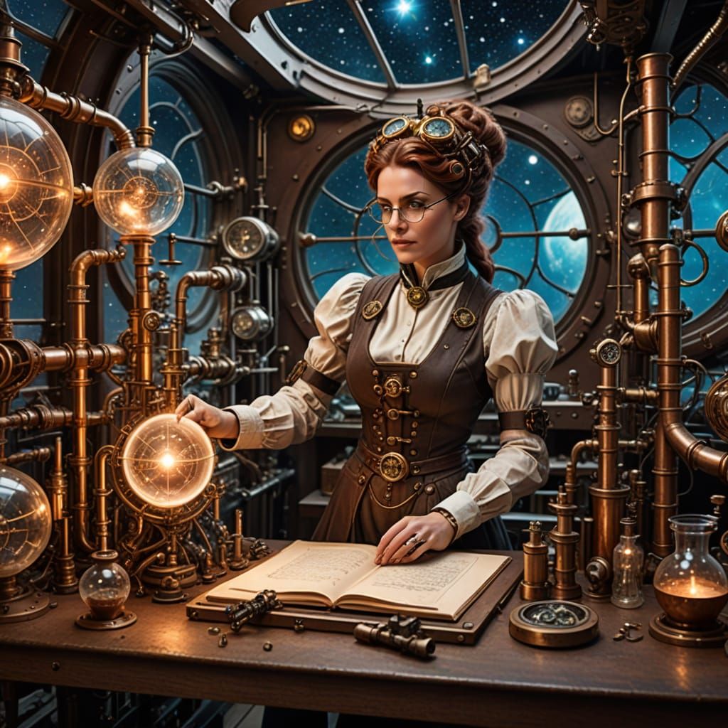 Victorian Steampunk Scientist in Cosmic Laboratory