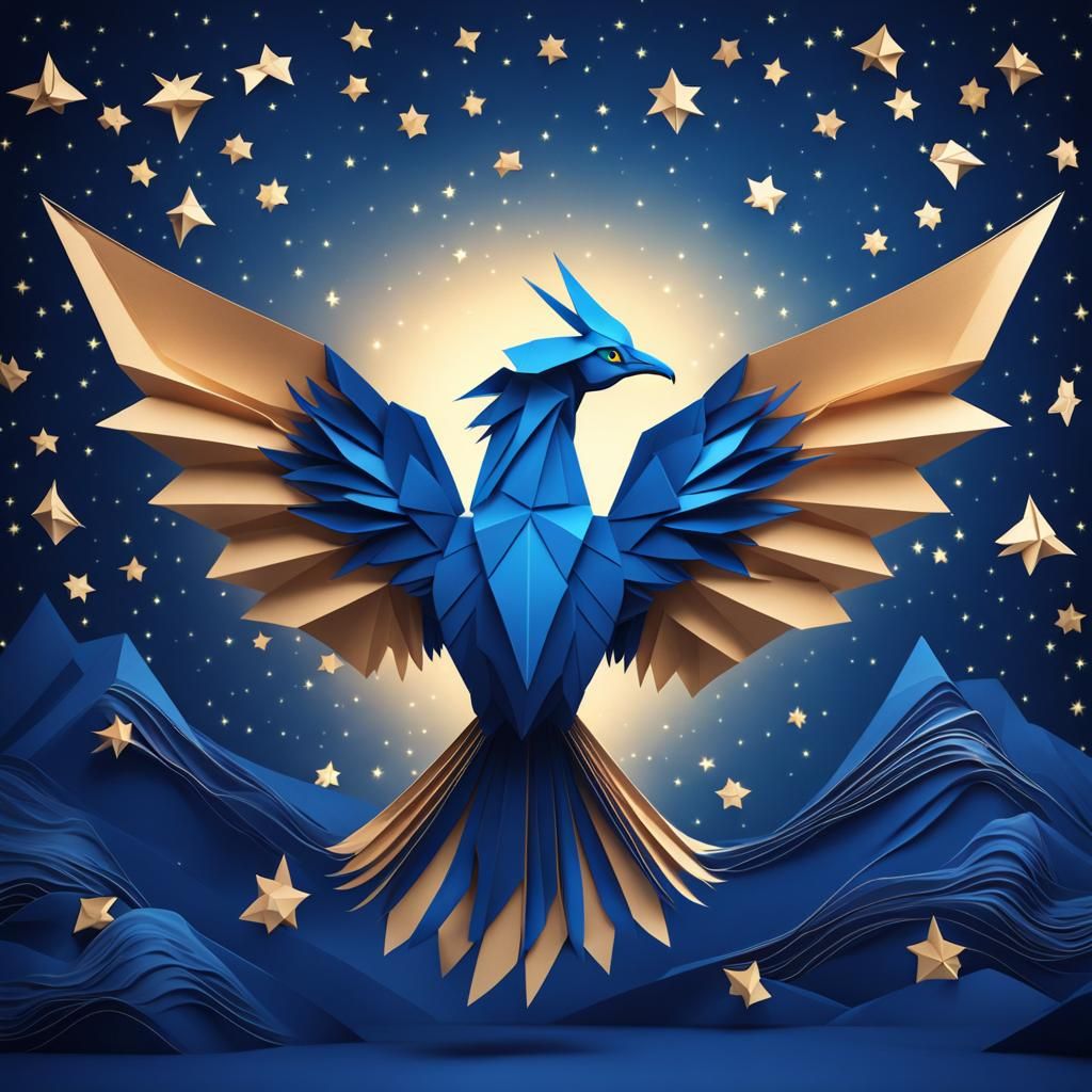 Blue Phoenix in Starry Sky: Origami Papercraft