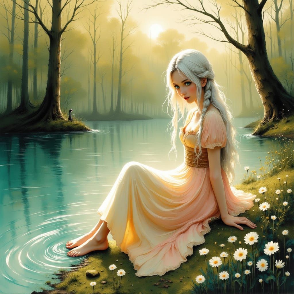 Ethereal Spring Sunset Woman by River