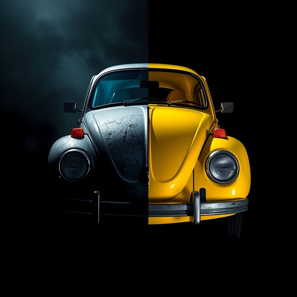 Split Personality Volkswagen Beetle in Moody, Hyper-Realisti...