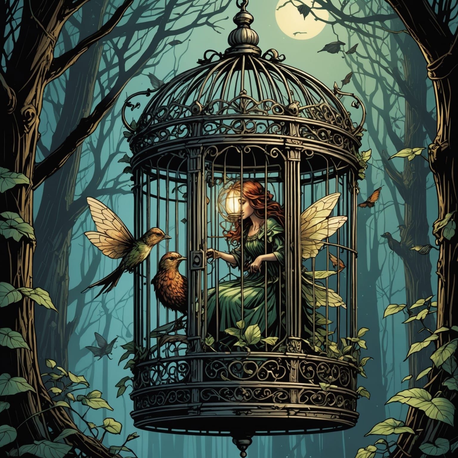 Fairy Trapped in Birdcage: Comic Book Art