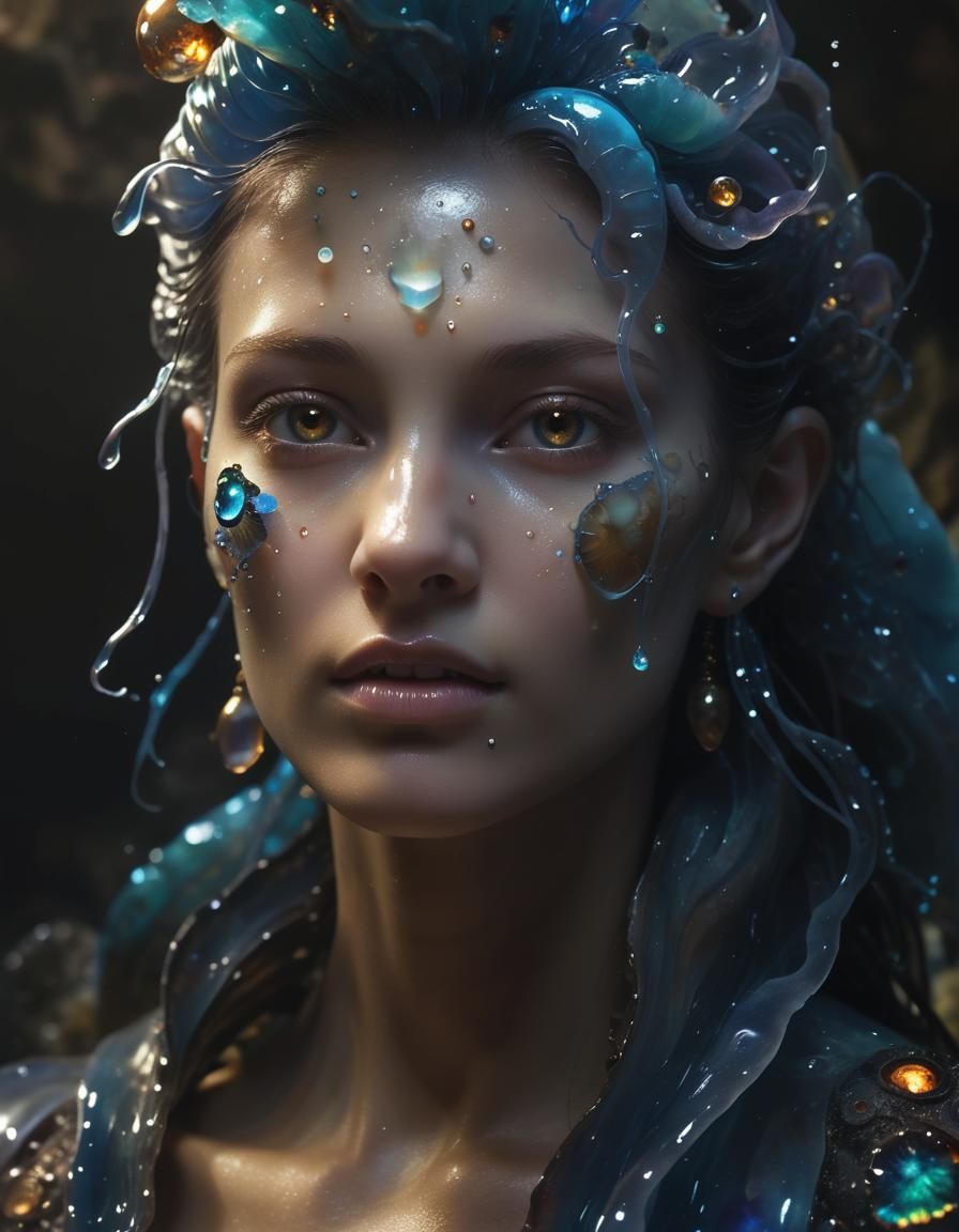 Bioluminescent Water Elemental Ammonite in Crystalline Caver...