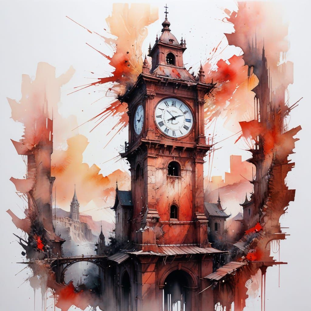 Ethereal Watercolour ClockTower in Ancient City at Dawn