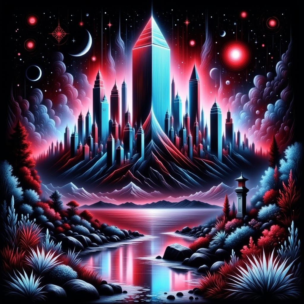 Futuristic Cityscape in Kintsugi Synthwave Style