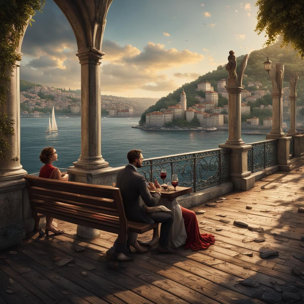 Bosphorus View: Couple Watching Sea in Matte Painting