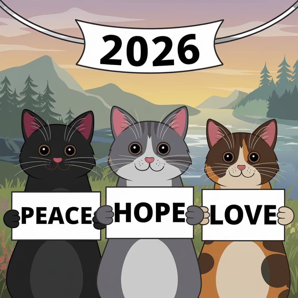 Three Cats Holding Signs for 2026 in Serene Landscape Photo