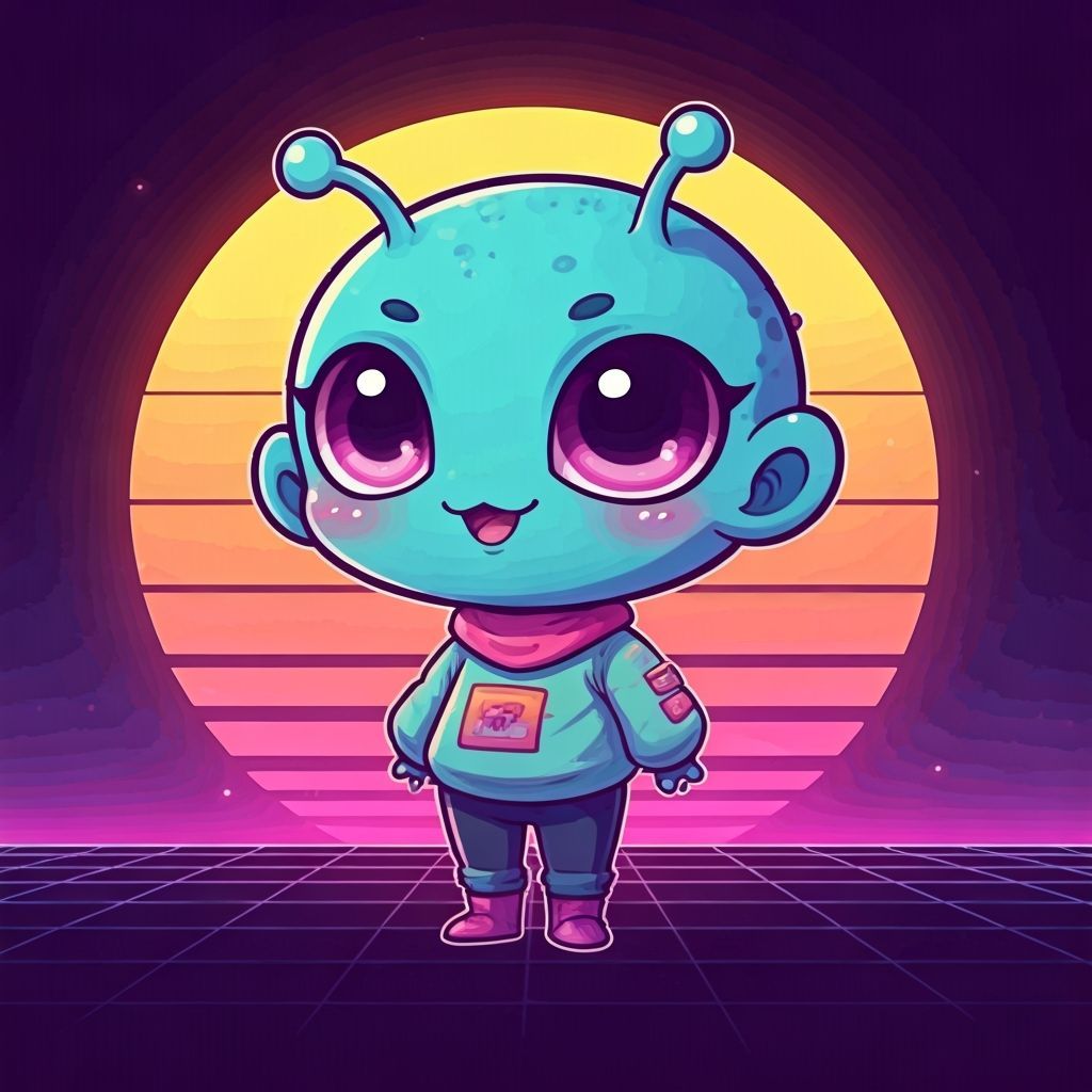 Cute Chibi Alien in Synthwave Crayon Sunset
