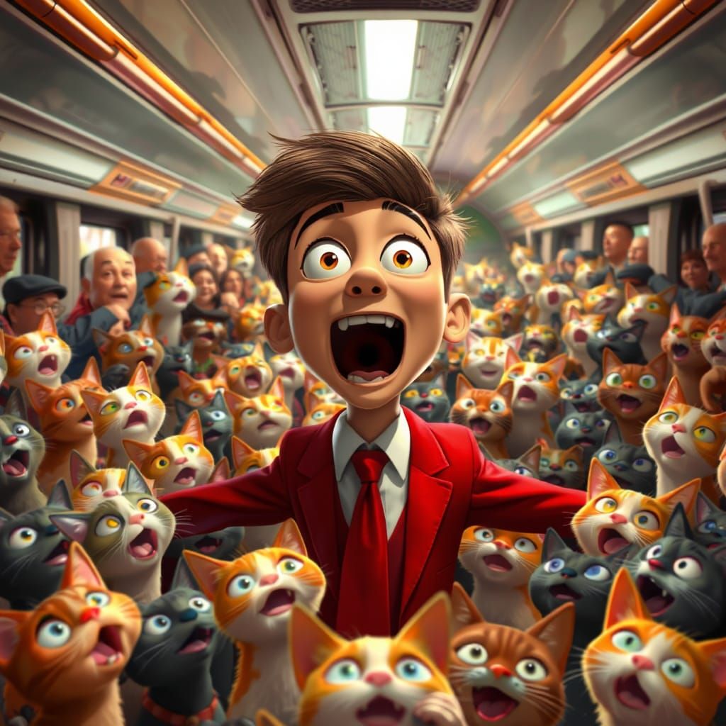 Pixar-Style Scene: Excited Man and Attentive Cats