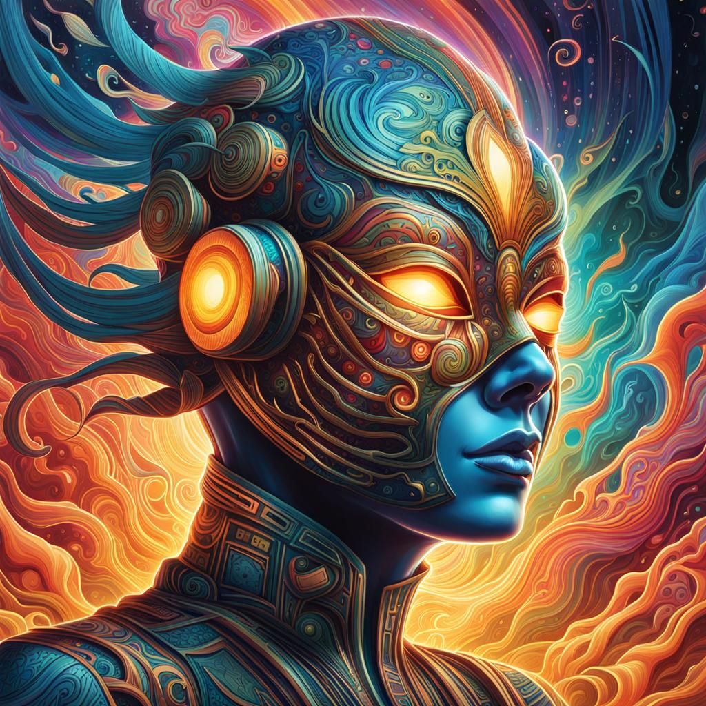 Psychedelic Cubist Mask Portrait in Digital Art Style