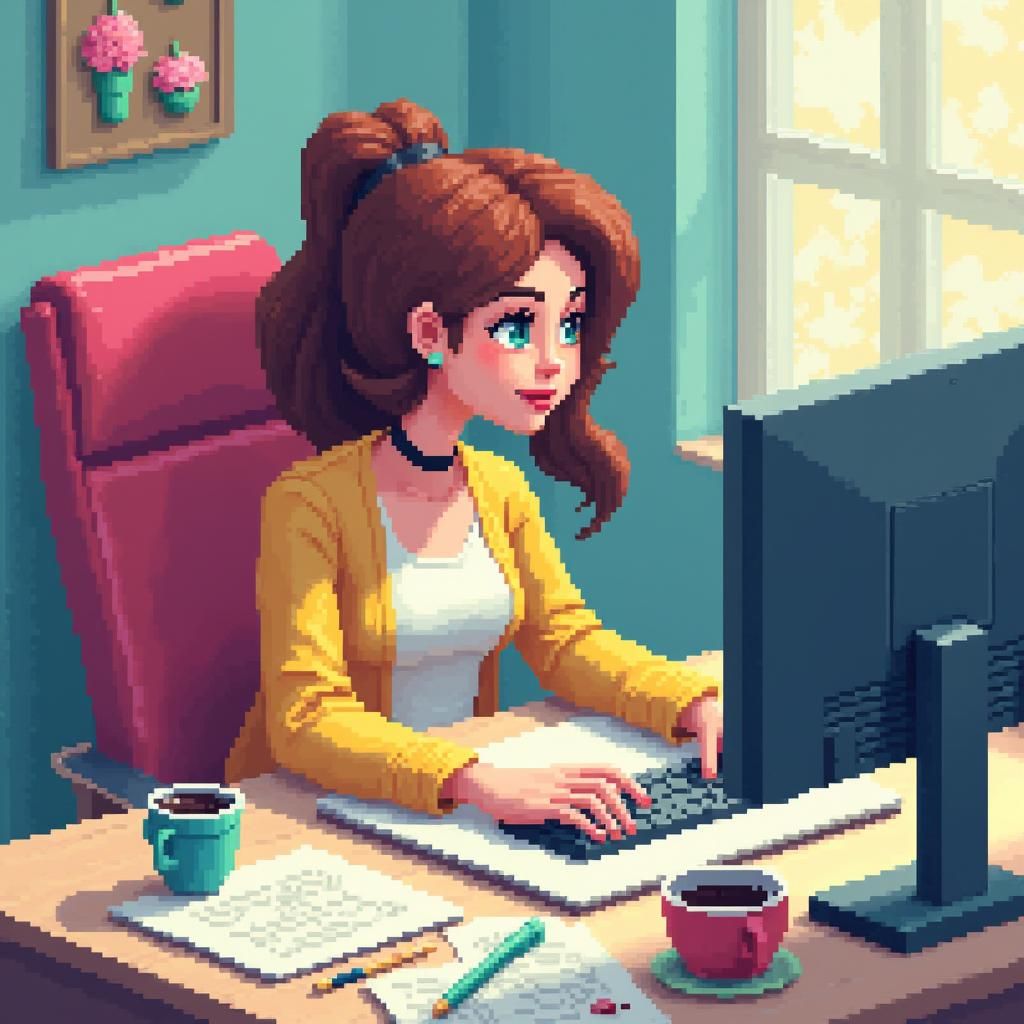 Vibrant Blocky Woman at Desk in Pixel Art Style
