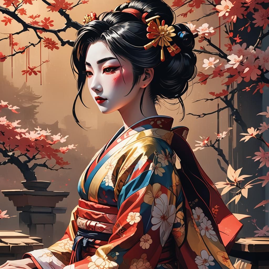 Serene Geisha in Vibrant Studio Trigger Anime Style