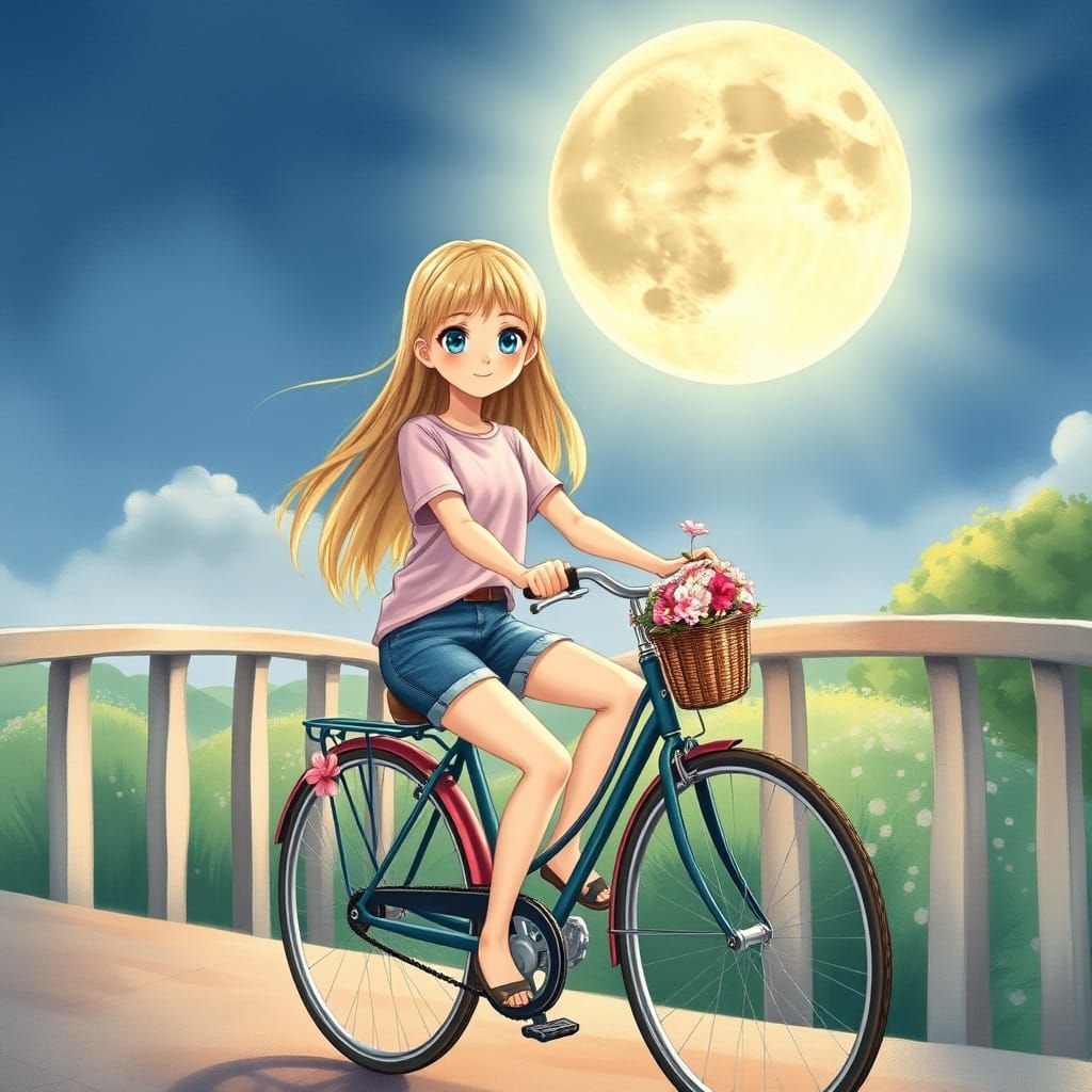 Girl on Bike Under Moon, Manga Style