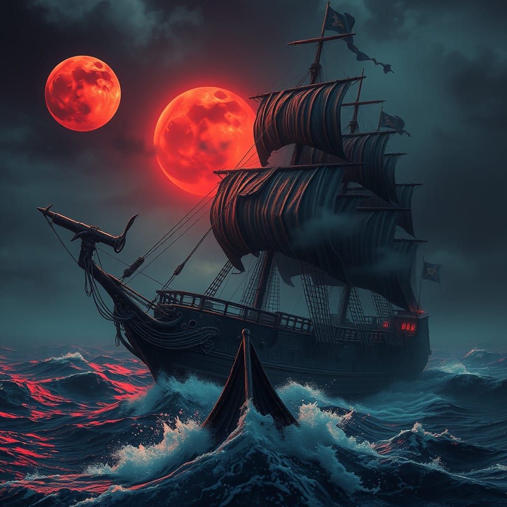 Pirate Ship Under Bloody Moonlit Skies
