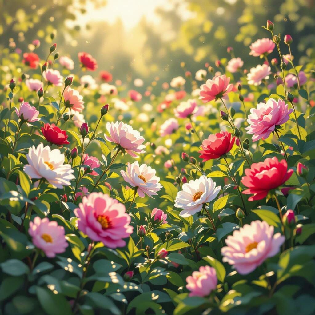 Blooming Flowers in Lush Garden: Impressionist Style