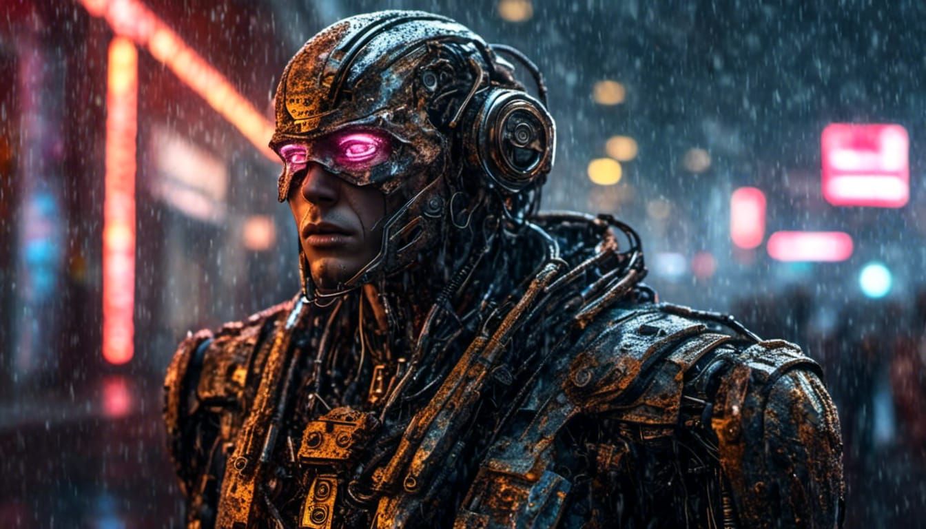 Crying Android in Rainy Cyberpunk Metropolis