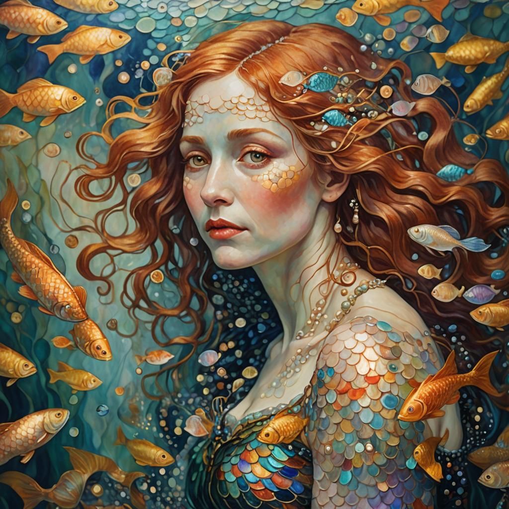 Old Mermaid in Ocean, Klimt-Inspired Oil Painting