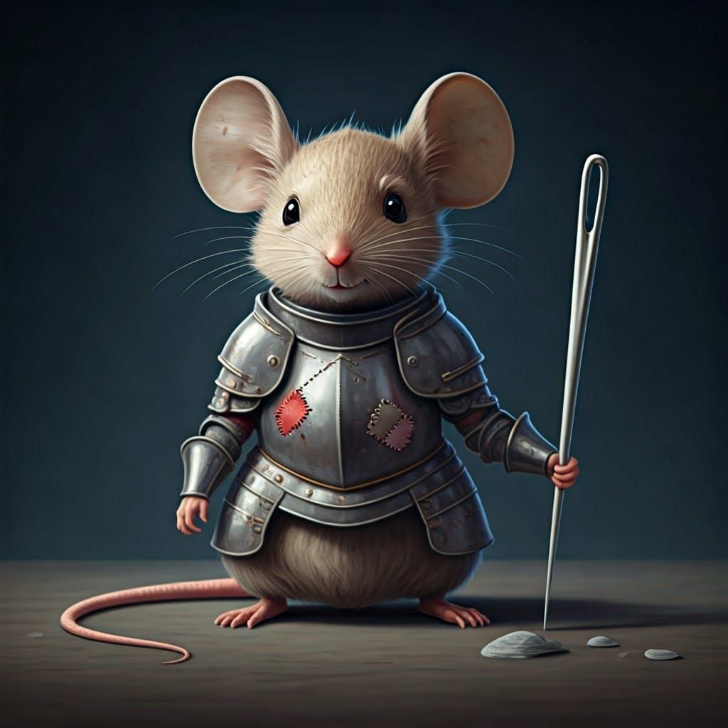 Chivalrous Mouse Knight in Tattered Armor Wields Needle Swor...