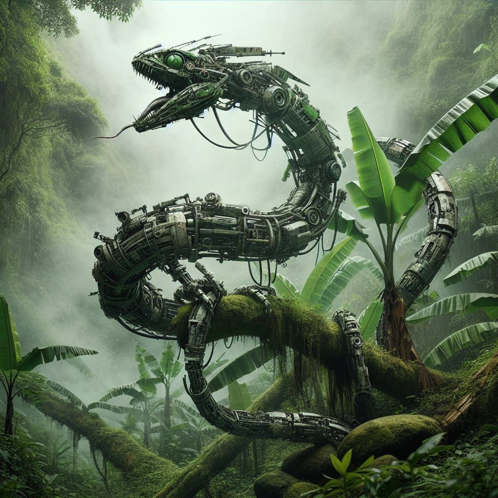 Mechanical Serpent Camouflage in Foggy Jungle