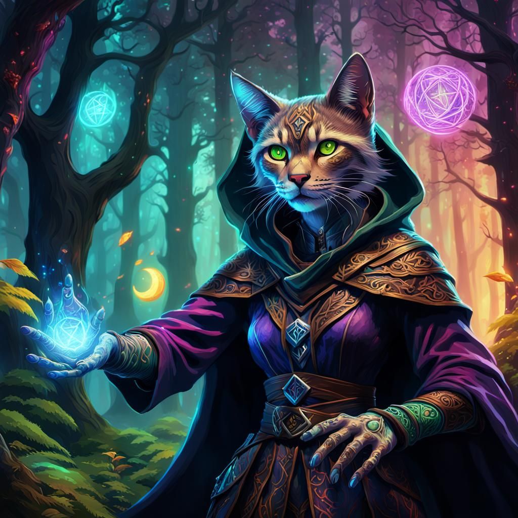 Mystical Tabaxi Witch Assassin in Neon Forest