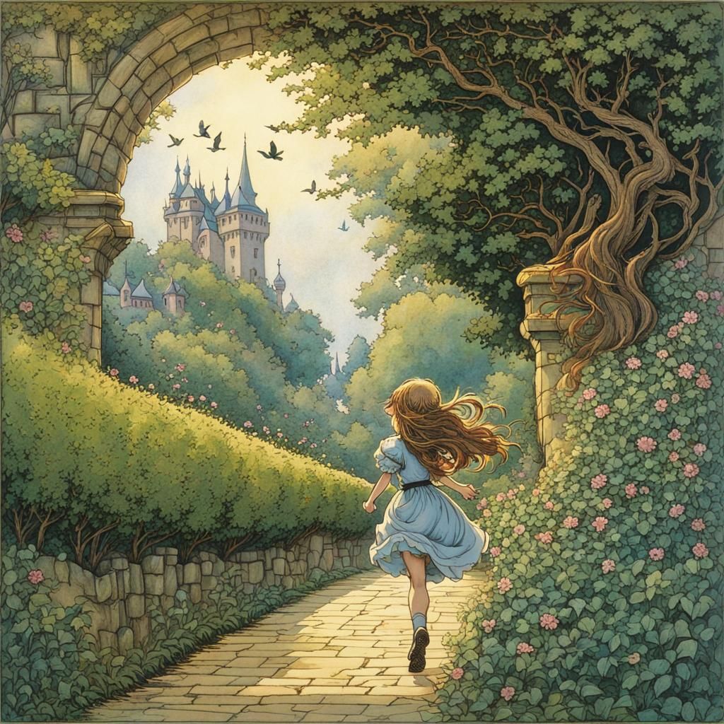 Fairytale Girl Runs Through Garden Maze in Anime Style