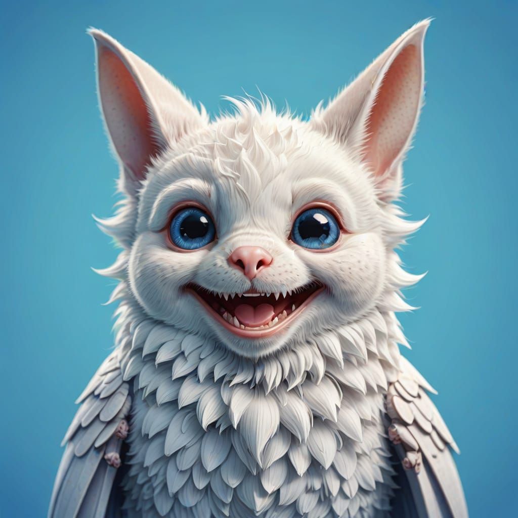 Whimsical White Bat Smiles in Vibrant Blue Wonderland