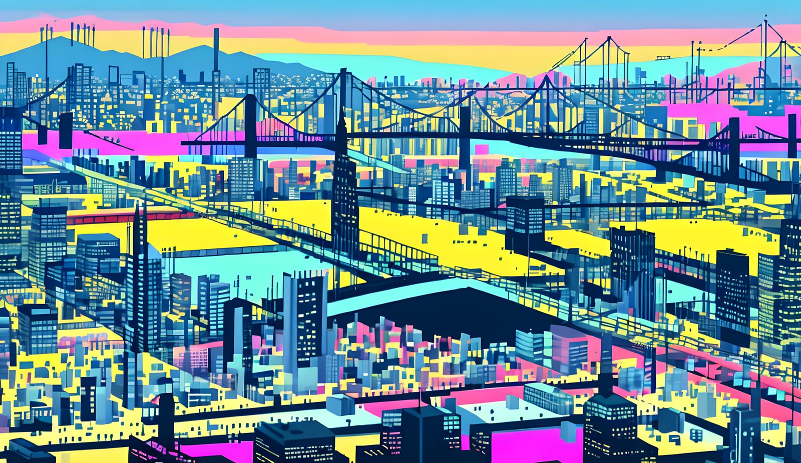 Futuristic Cityscape with Rolling Hills in Pixel Art Style