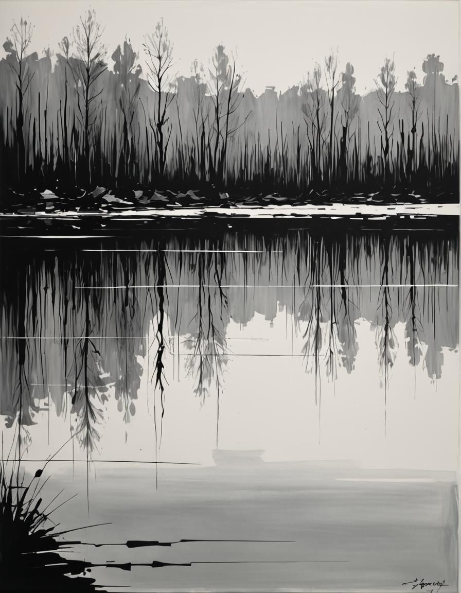 Minimalist Lake Reflection Painting in Black and White