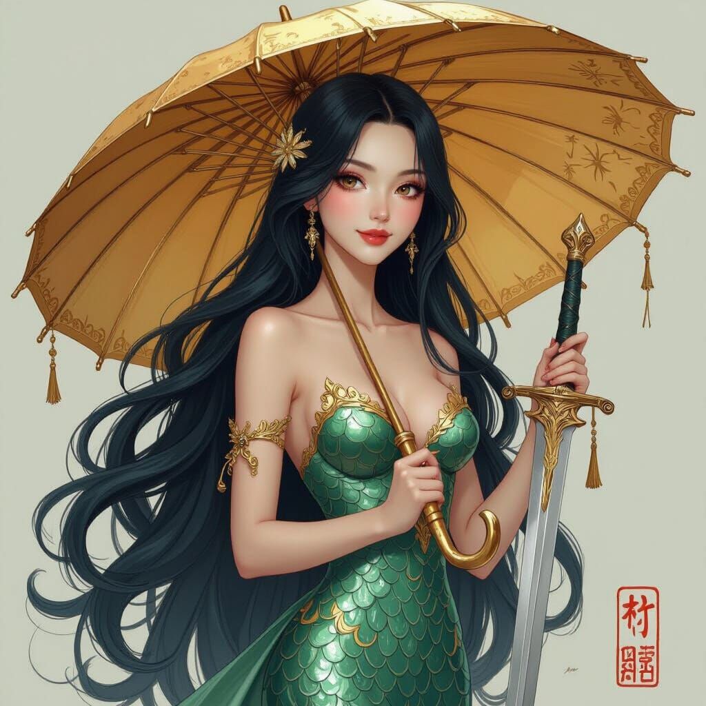 Mermaid with Umbrella and Sword, Digital Art