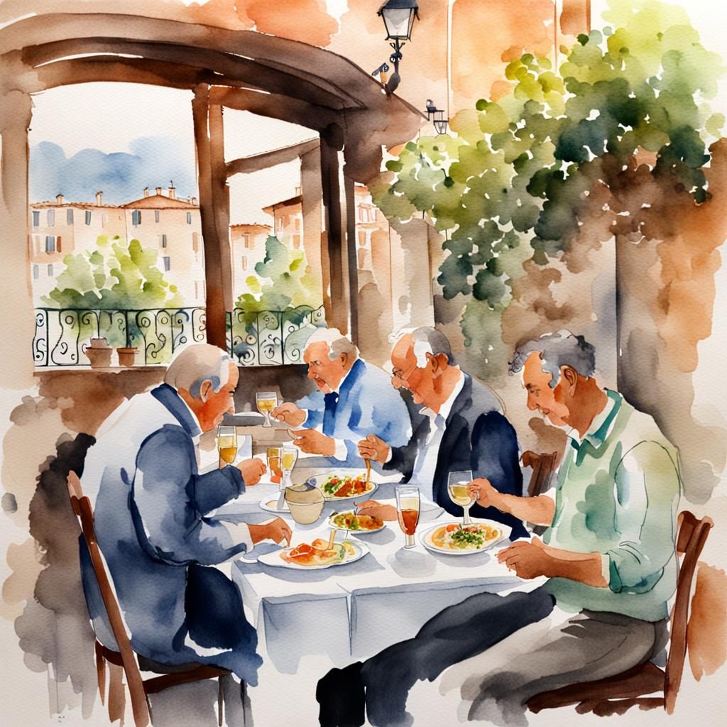 Italian Restaurant Scene in Watercolor Style