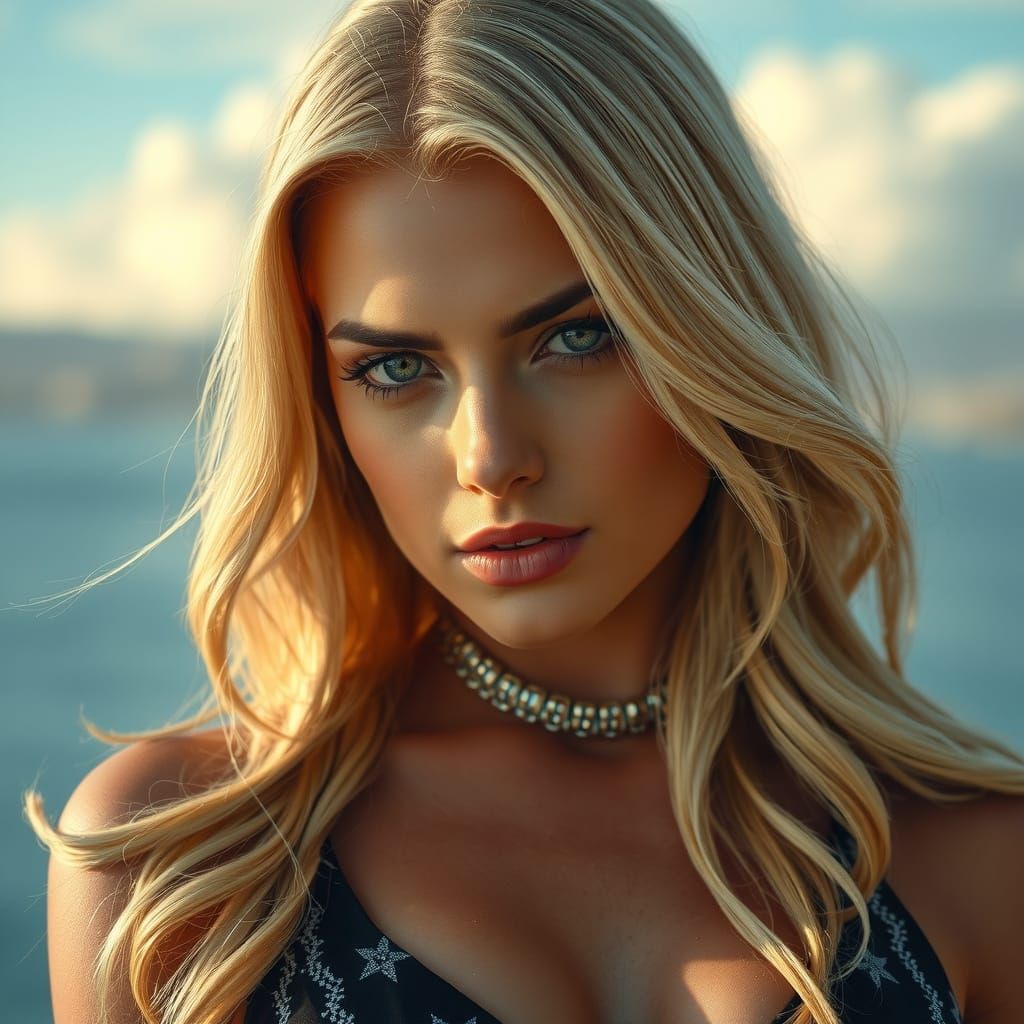 Elegant Woman with Calypso Eyes in Sophisticated Pose