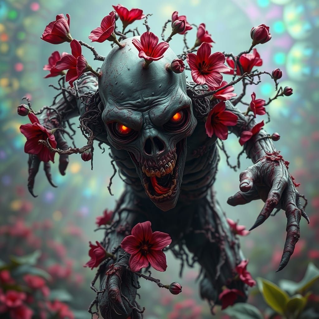 Flower-Covered Zombie Charges with Unsettling Ferocity