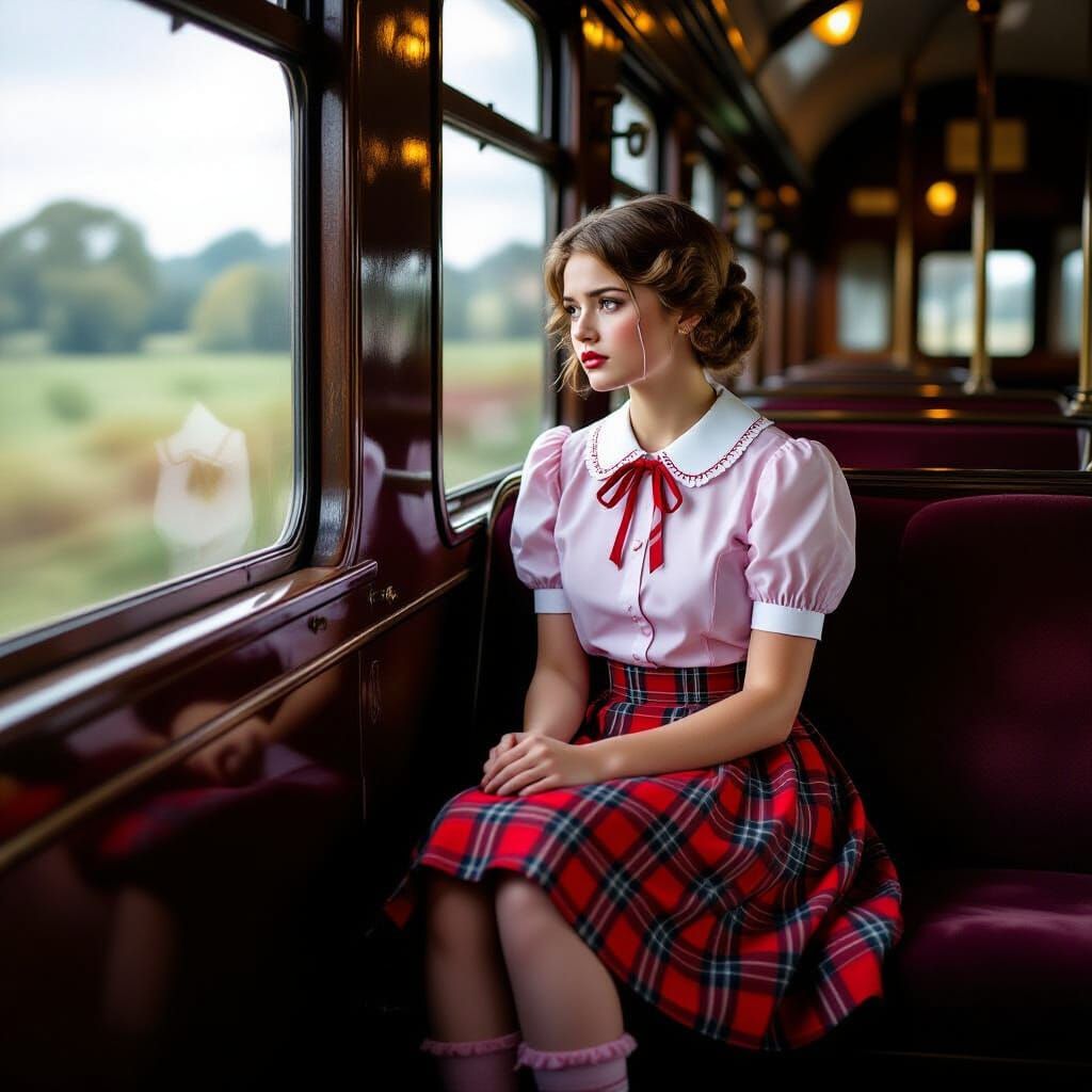 Melancholic Woman in Vintage Train Carriage