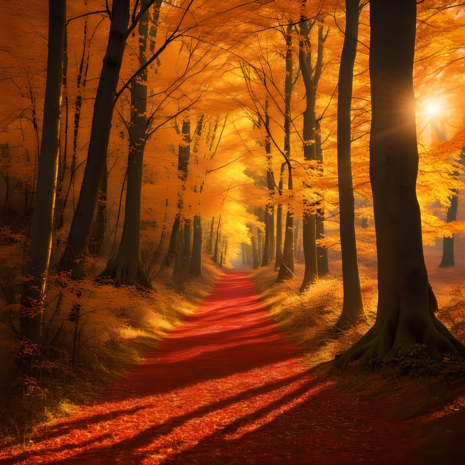 Autumn Forest Path in Golden Sunlight