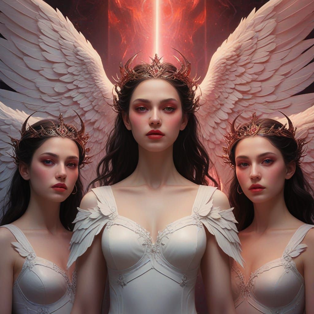 Angelic Goddesses with Demonic Beauty, Red Eyes, and Pink Li...