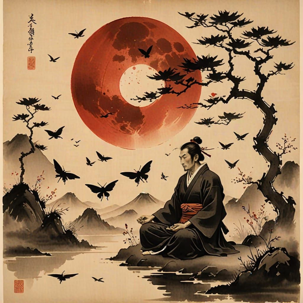Serene Samurai in Moonlit Japanese Garden