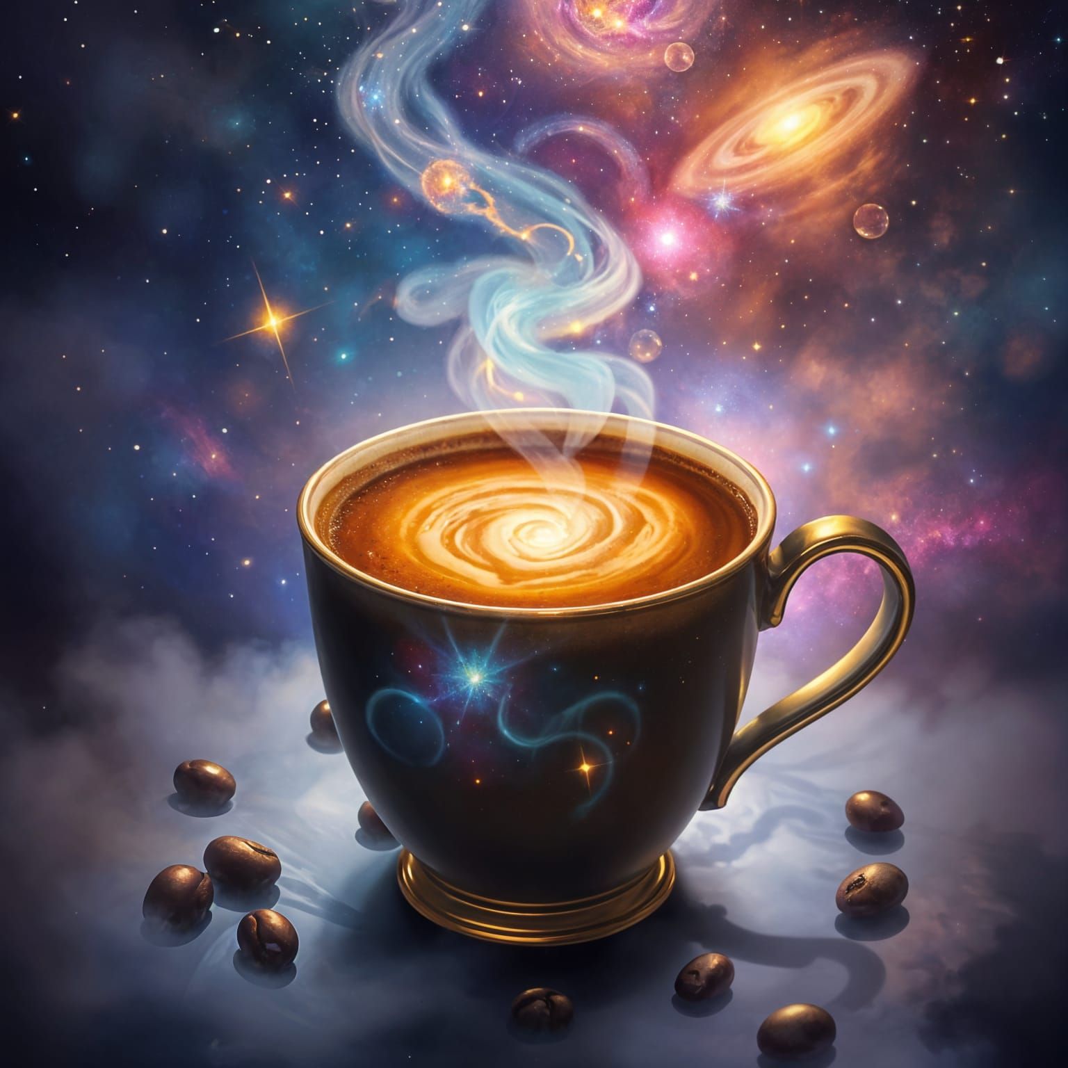 Cosmic  coloured galaxy conteined inside a cup of coffee
