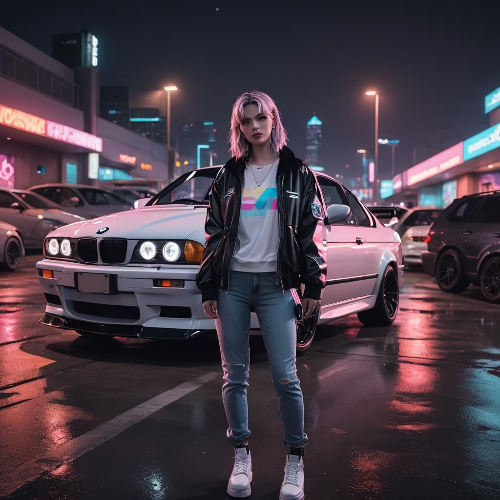 Anime Girl and BMW M3 in Neon Parking Lot