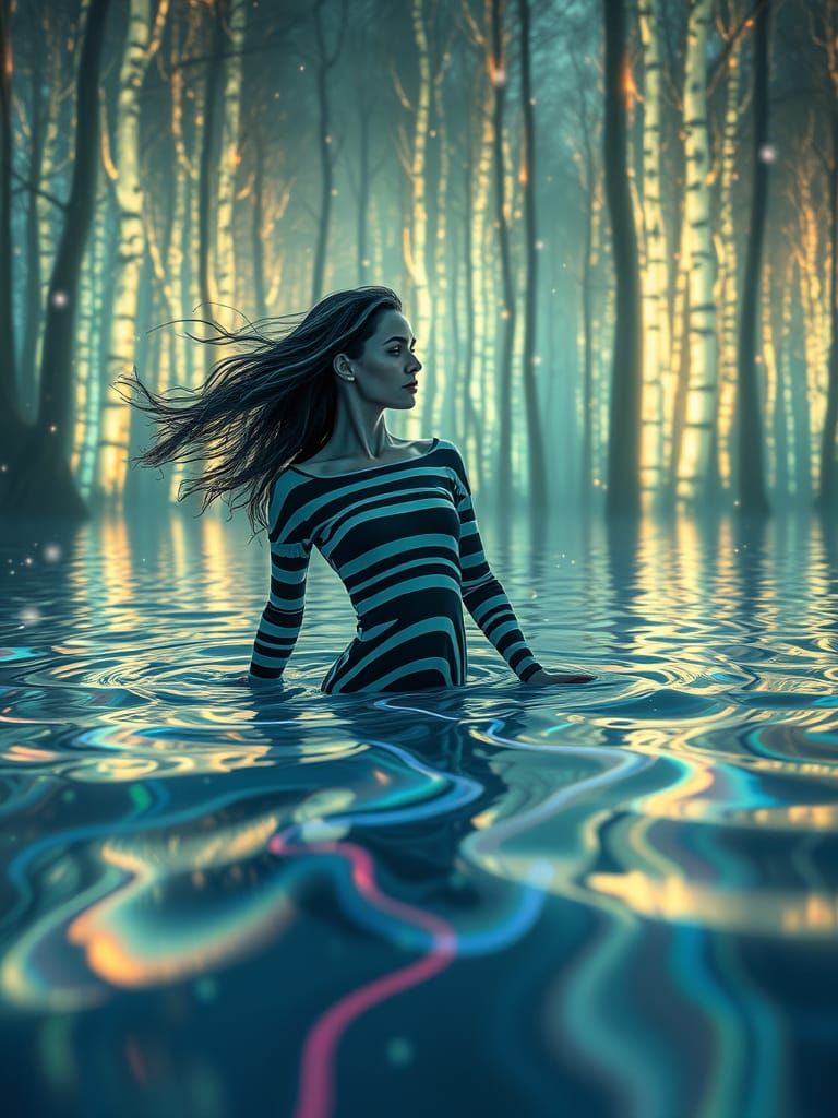 Surreal Lady Emerges from Iridescent Liquid amidst Ethereal ...