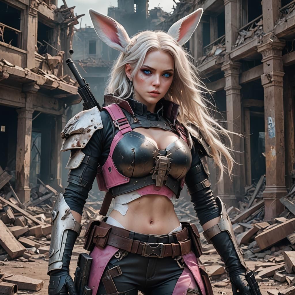 Post-Apocalyptic Bunny-Girl with Shotgun in Ruins