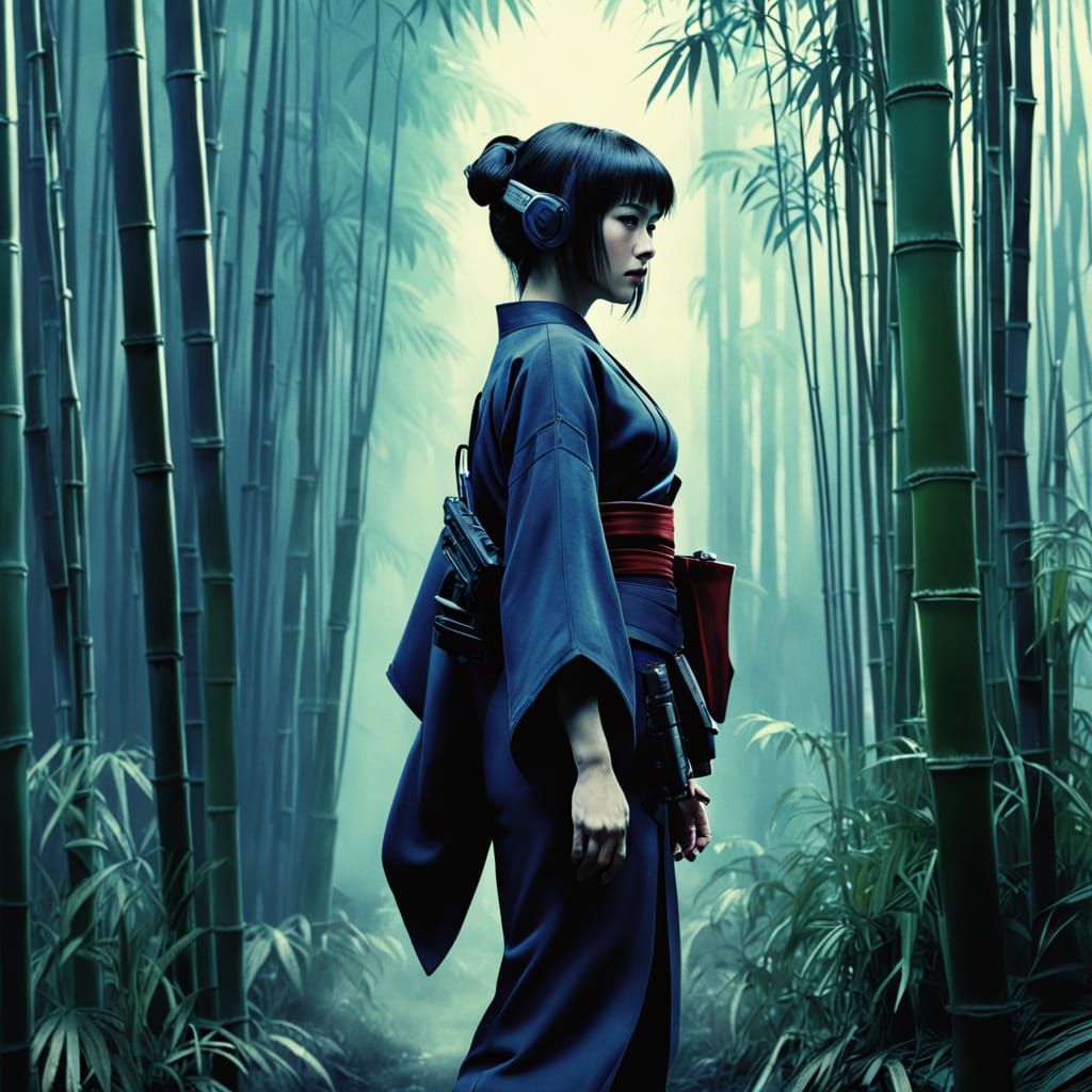 Cyberpunk Geisha in Bamboo Forest with Fiber Optics