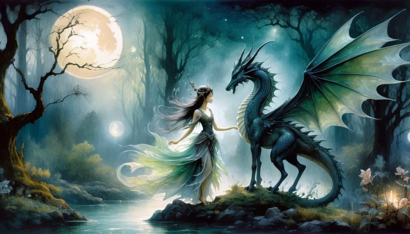Fairy and Dragon in Moonlit Glade as Impressionist Art