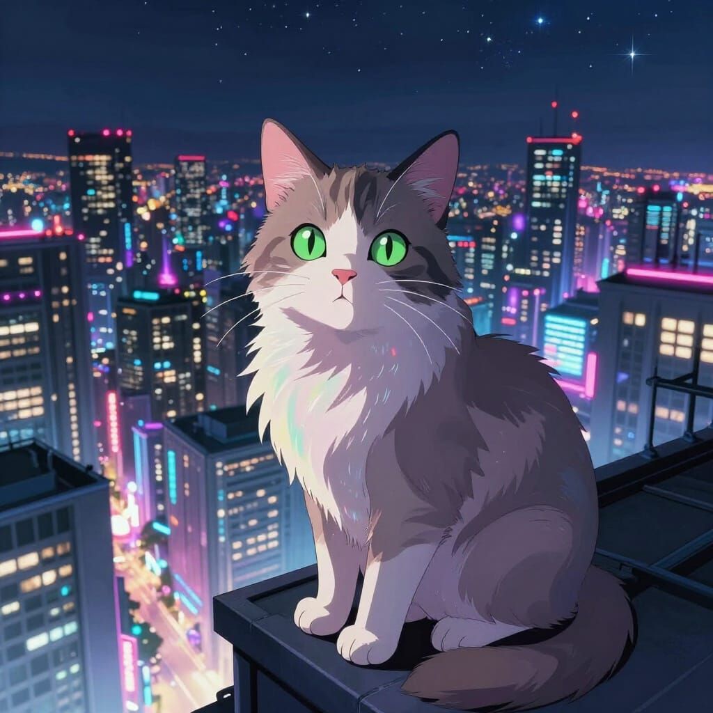 Anime Cat Overlooks Neon Megacity at Night