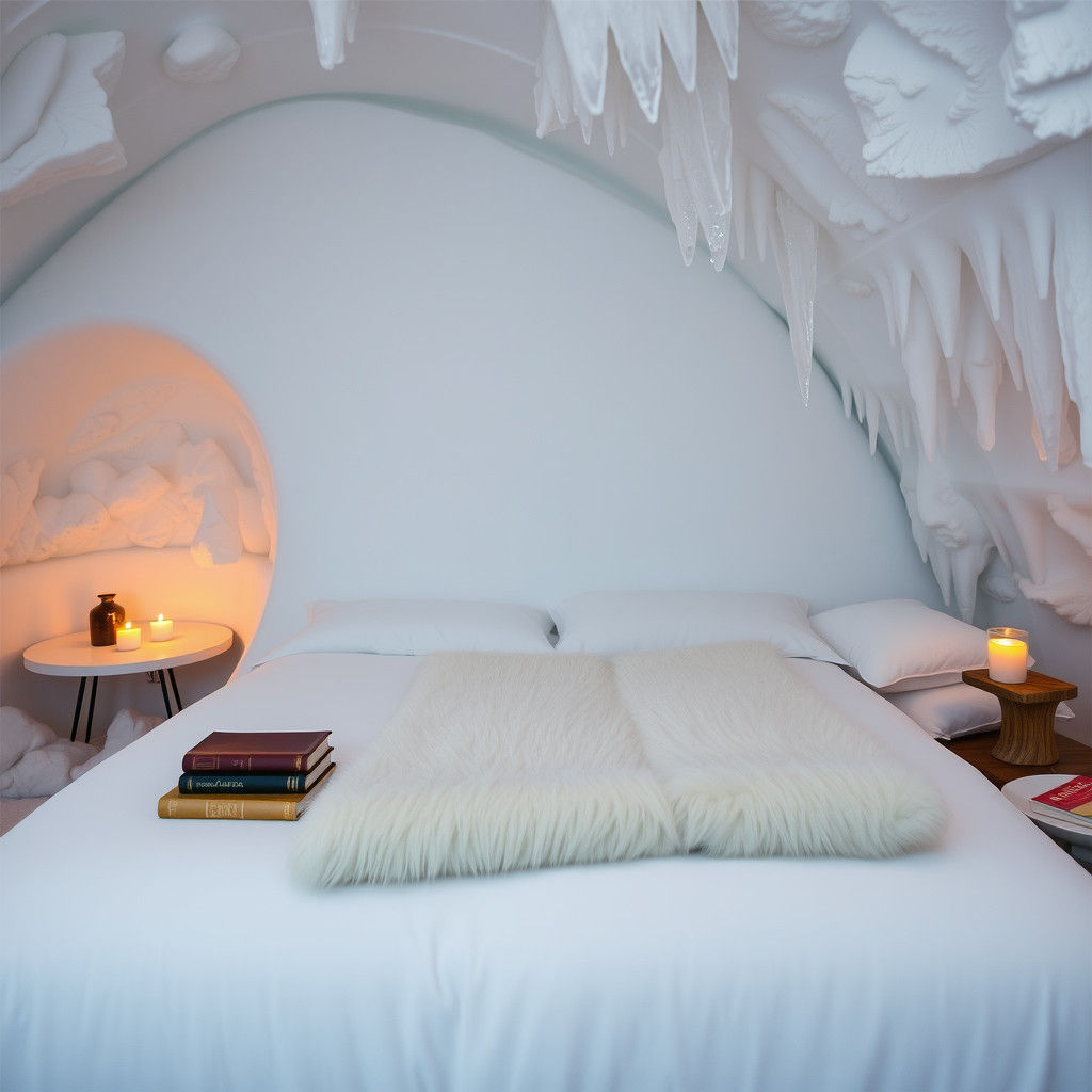 Cozy Ice Hotel Bedroom with Vintage Books