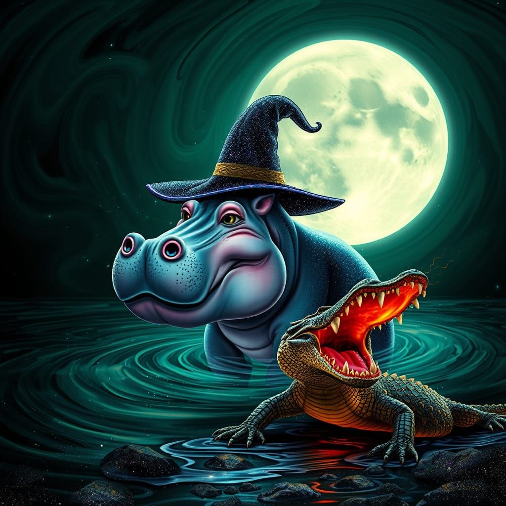 Ethereal Hippo in Moonlit African River, Digital Art
