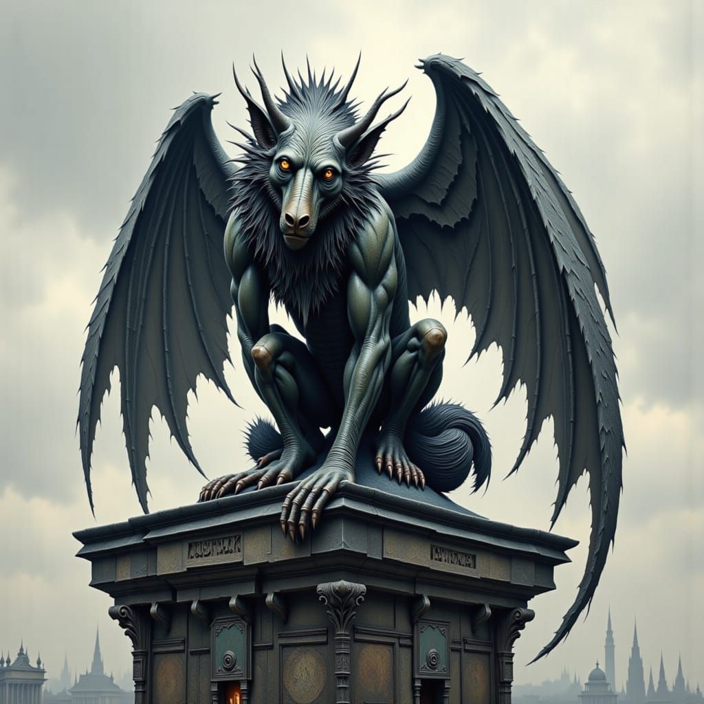 Gargoyle Perched On Building At Night